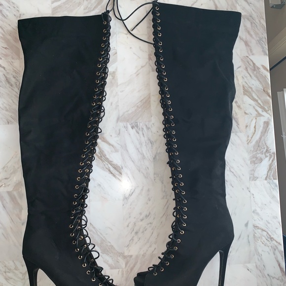 Laced Black Over the Knee Boots - Picture 2 of 2